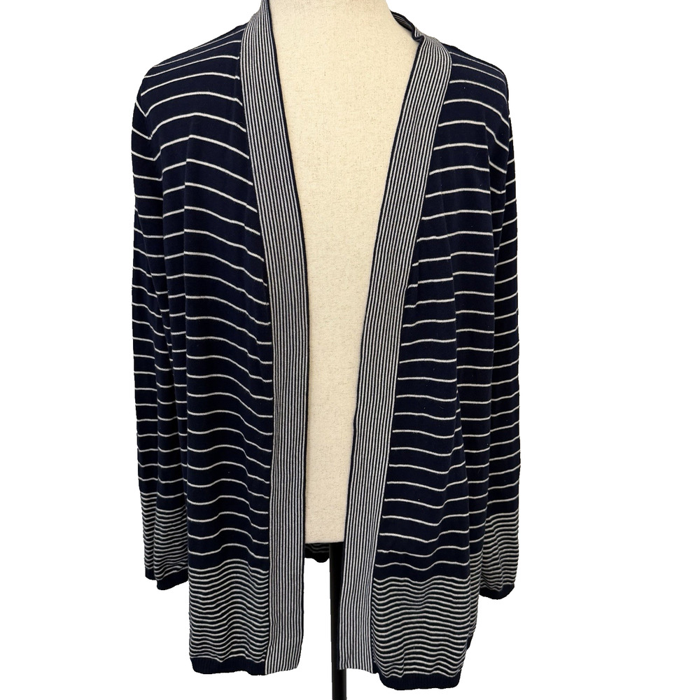 Kim Rogers Women’s Open Front Long Cardigan Size 2X Curvy Navy & White Stripes